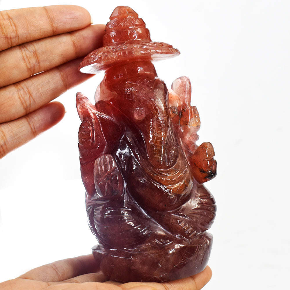 gemsmore:Gorgeous Strawberry Quartz Hand Carved Idol Lord Ganesha With Throne
