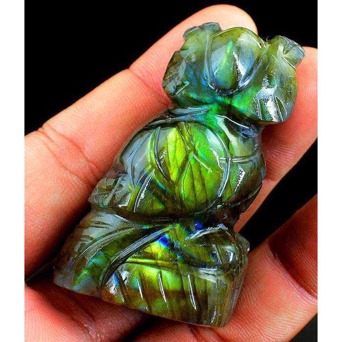 gemsmore:Green & Blue Flash Labradorite Hand Carved Gemstone Owl