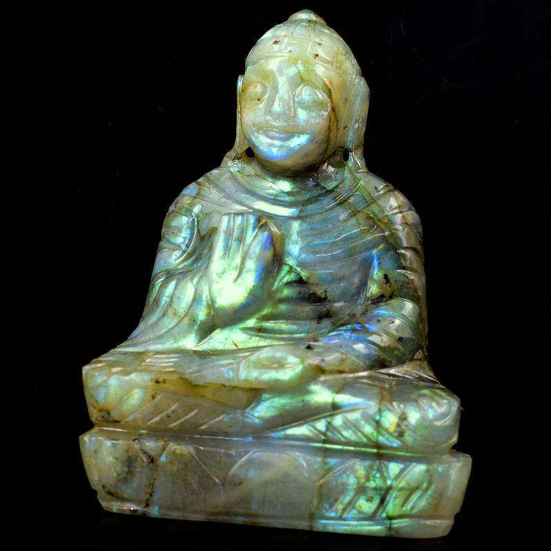 gemsmore:Green & Blue Flash Labradorite Hand Carved Lord Buddha Idol
