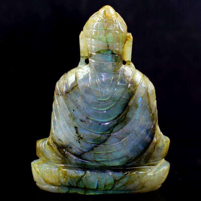 gemsmore:Green & Blue Flash Labradorite Hand Carved Lord Buddha Idol