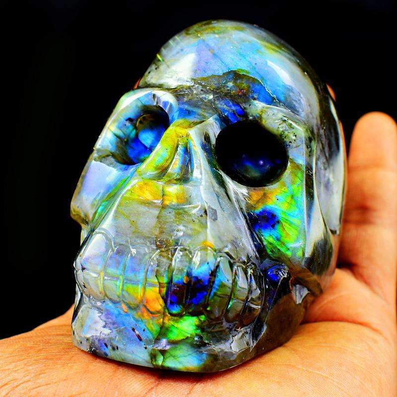 gemsmore:Green , Golden & Blue Flash Labradorite Hand Carved Skull