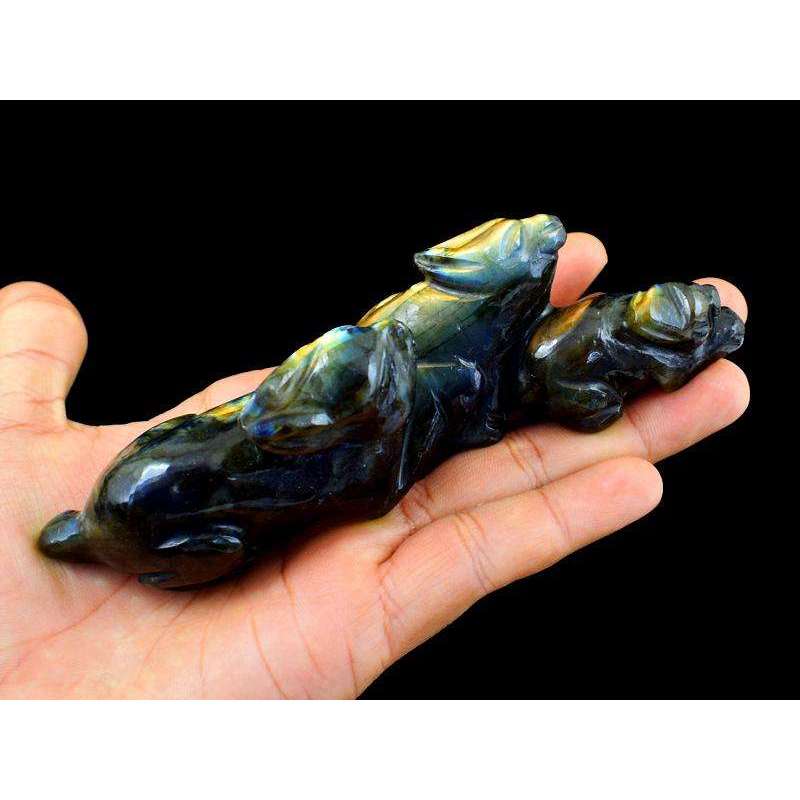gemsmore:Green & Golden Flash Labradorite Carved Bunny Family