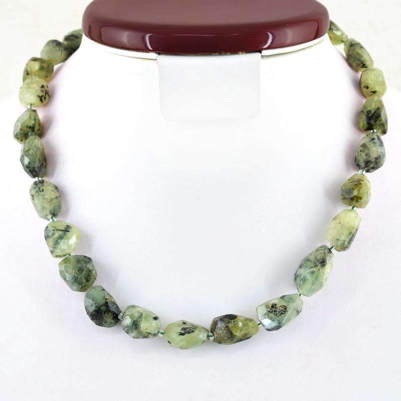 gemsmore:Green Phrenite Necklace Natural Faceted Untreated Beads