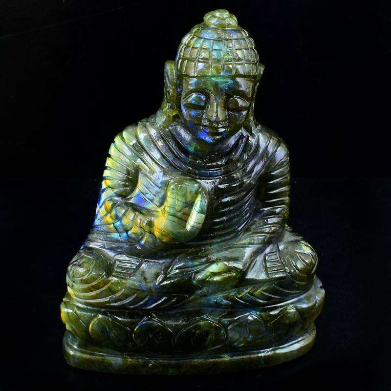 gemsmore:Hand Carved Blue Flash Labradorite Lord Buddha Idol