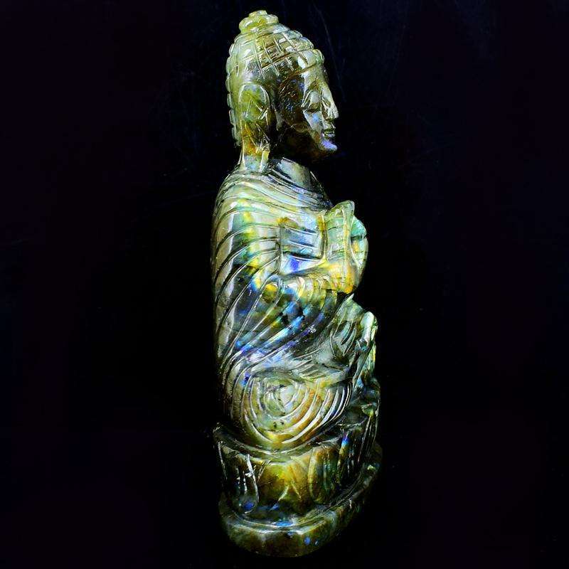 gemsmore:Hand Carved Blue Flash Labradorite Lord Buddha Idol