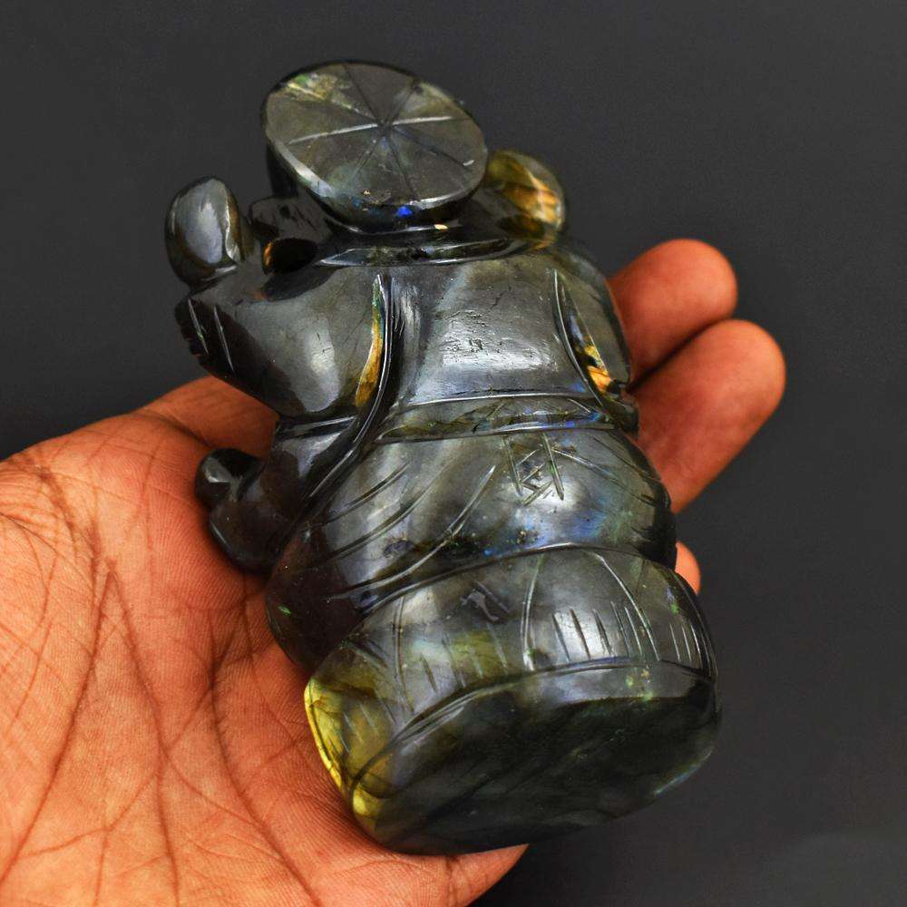 gemsmore:Hand Carved Golden & Blue Flash Labradorite Ganesha Idol