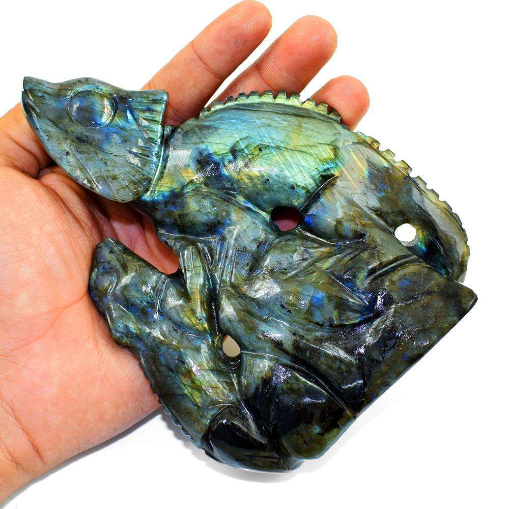 gemsmore:Hand Carved Golden & Blue Flash Labradorite Lizard And Its Baby