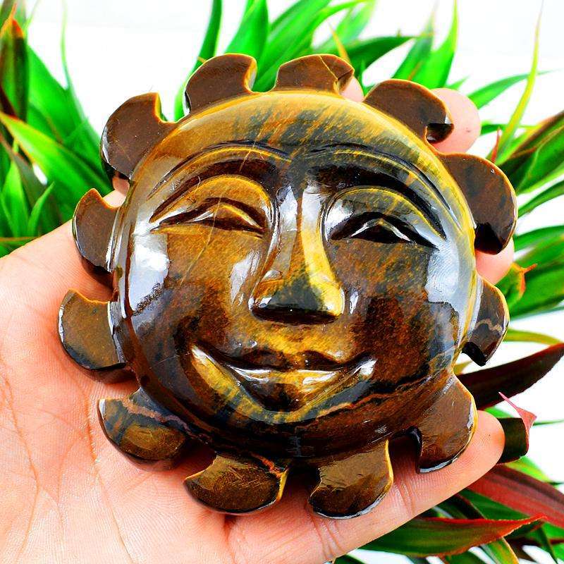 gemsmore:Hand Carved Golden Tiger Eye Sun Face Gemstone