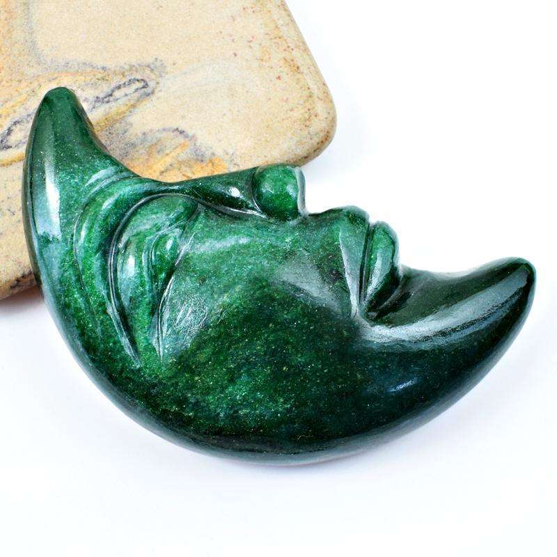 gemsmore:Hand Carved Green Jade Moon Face Gemstone