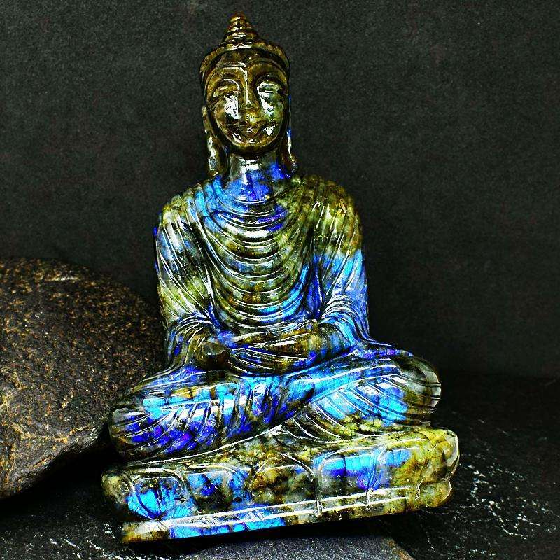 gemsmore:Hand Carved Museum Size Blue Flash Labradorite Lord Buddha