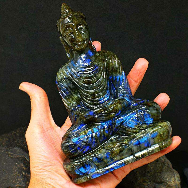 gemsmore:Hand Carved Museum Size Blue Flash Labradorite Lord Buddha