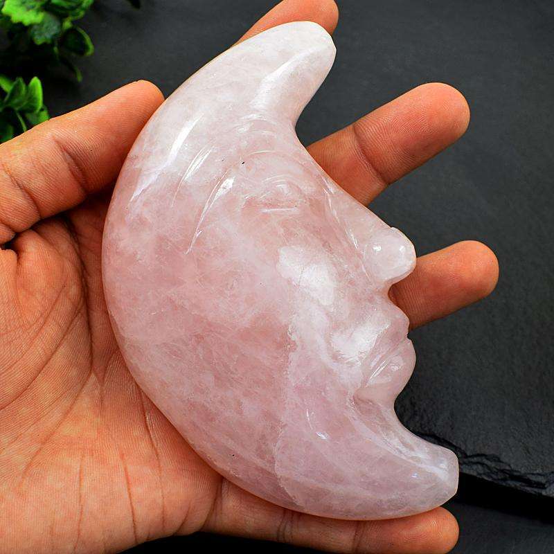 gemsmore:Hand Carved Pink Rose Quartz Moon Face