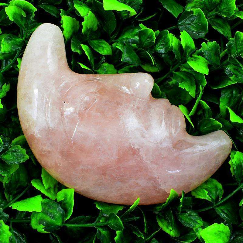 gemsmore:Hand Carved Pink Rose Quartz Moon Face