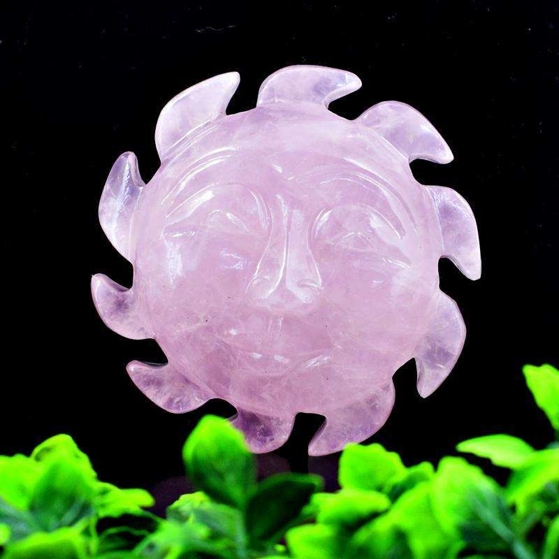 gemsmore:Hand Carved Pink Rose Quartz Sun Face