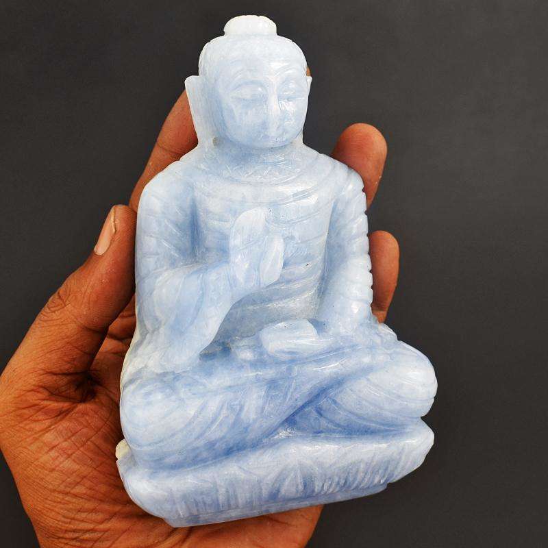 gemsmore:Luxury Collectors Piece - Genuine Blue Calcite Hand Carved Buddha