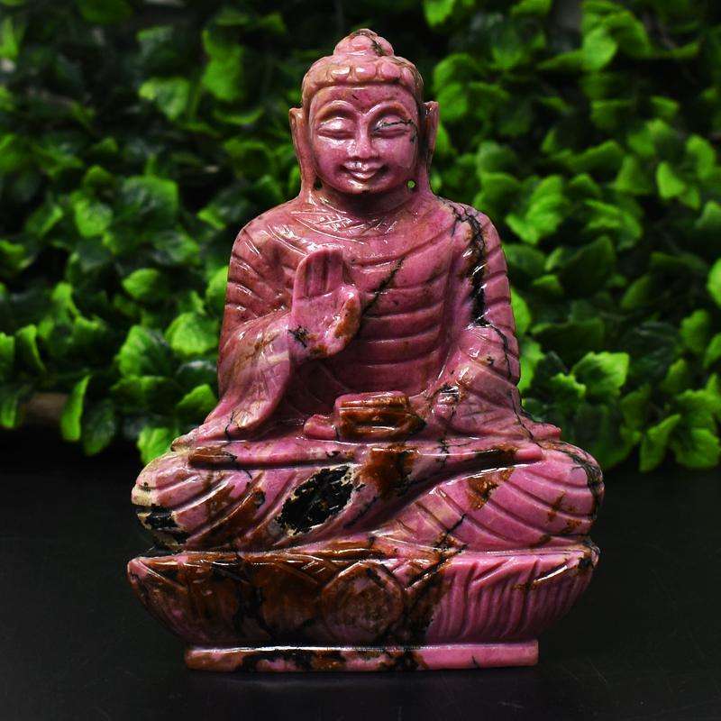 gemsmore:Luxury Collectors Piece - Genuine Pink Rhodonite  Hand Carved Buddha