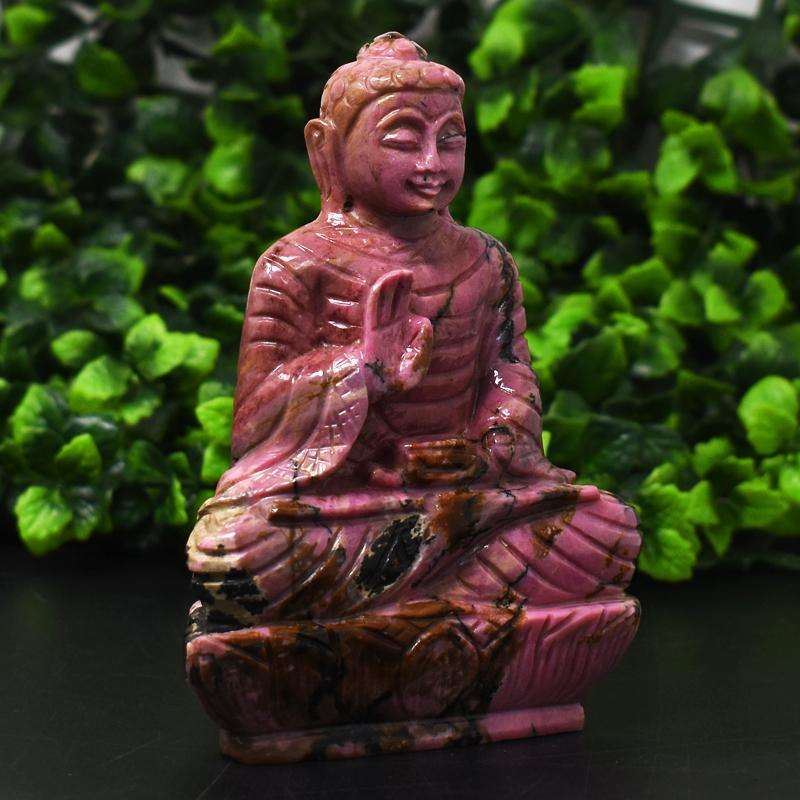 gemsmore:Luxury Collectors Piece - Genuine Pink Rhodonite  Hand Carved Buddha