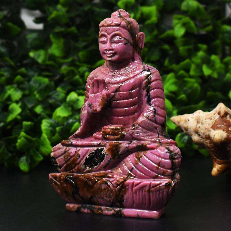gemsmore:Luxury Collectors Piece - Genuine Pink Rhodonite  Hand Carved Buddha