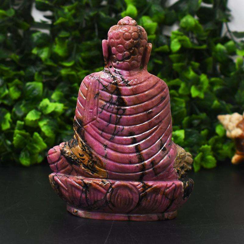 gemsmore:Luxury Collectors Piece - Genuine Pink Rhodonite  Hand Carved Buddha
