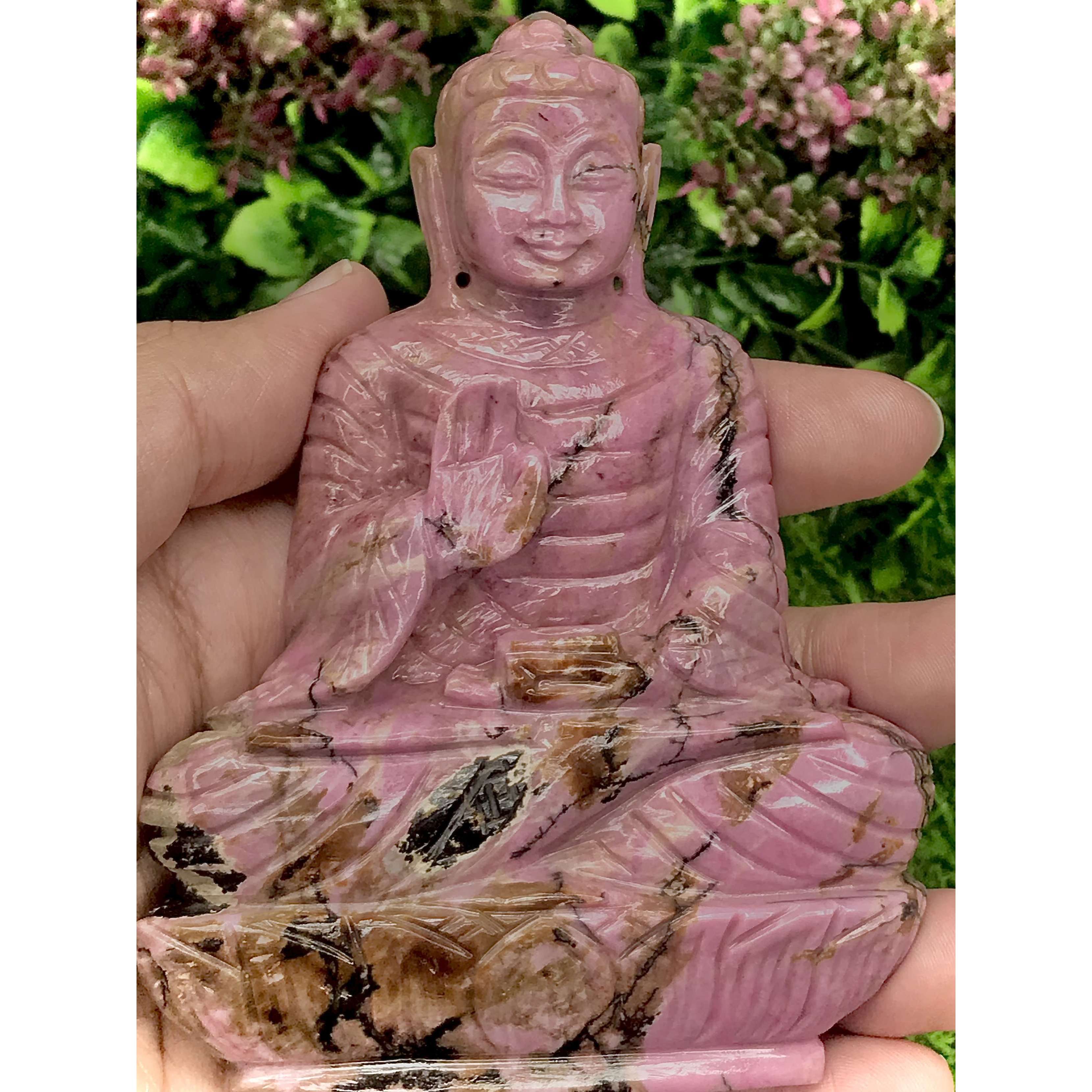 gemsmore:Luxury Collectors Piece - Genuine Pink Rhodonite  Hand Carved Buddha