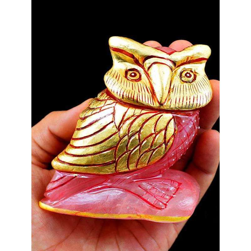 gemsmore:Mesmerising Pink Rose Quartz Enamel Painted Carved Owl Gemstone