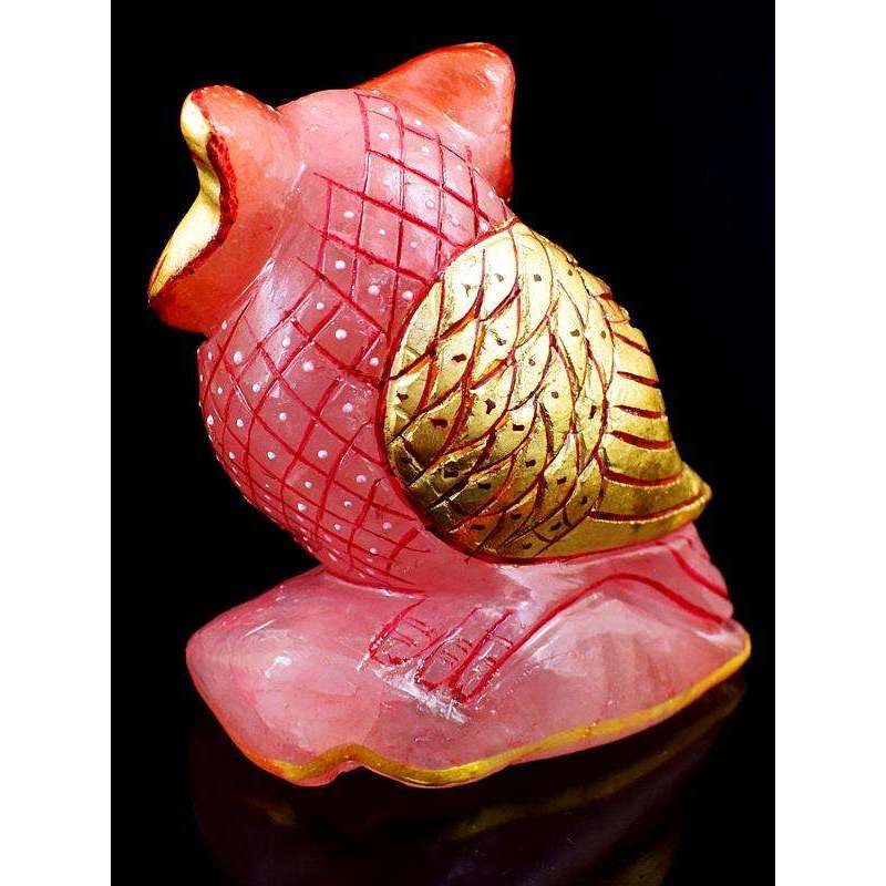 gemsmore:Mesmerising Pink Rose Quartz Enamel Painted Carved Owl Gemstone