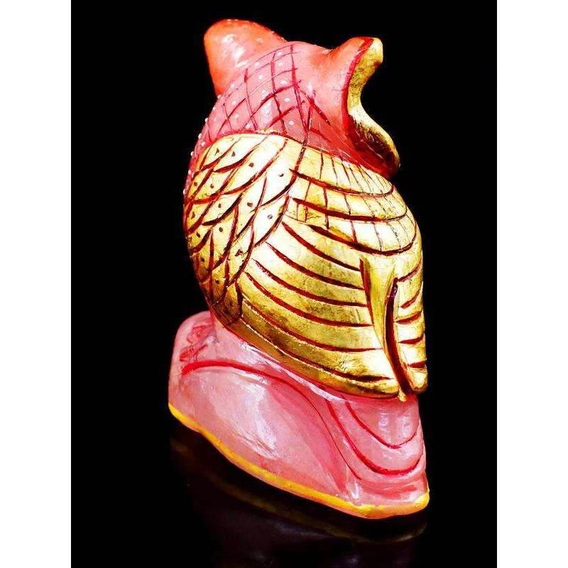 gemsmore:Mesmerising Pink Rose Quartz Enamel Painted Carved Owl Gemstone