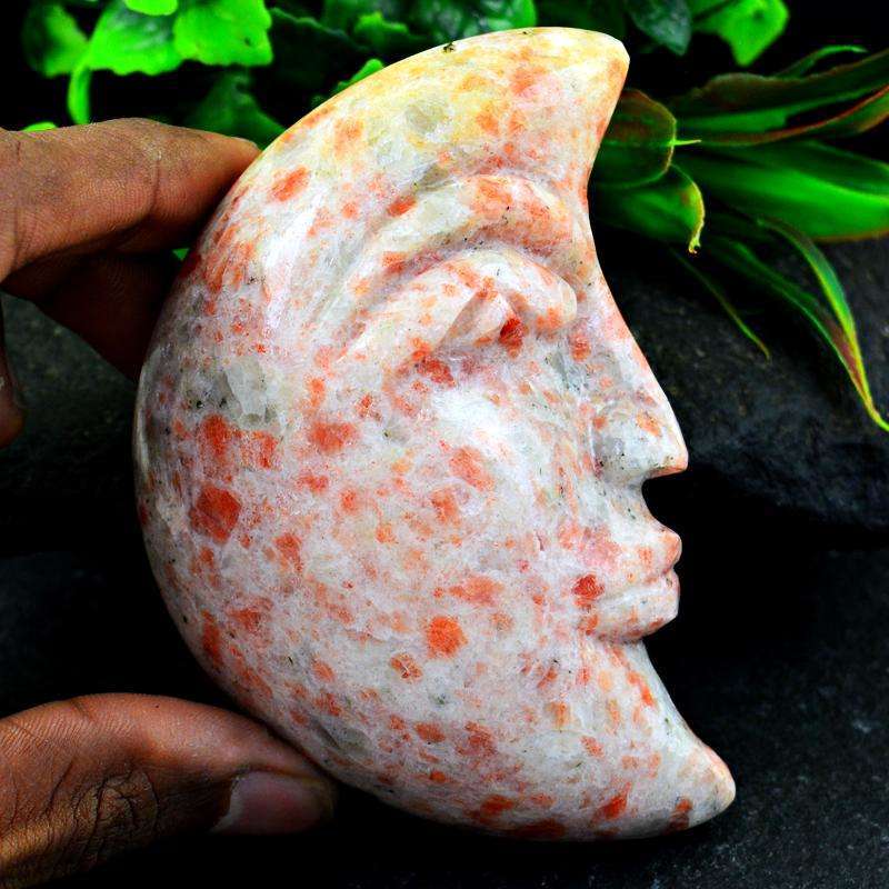 gemsmore:Mesmerizing Sunstone Hand Carved Moon Face