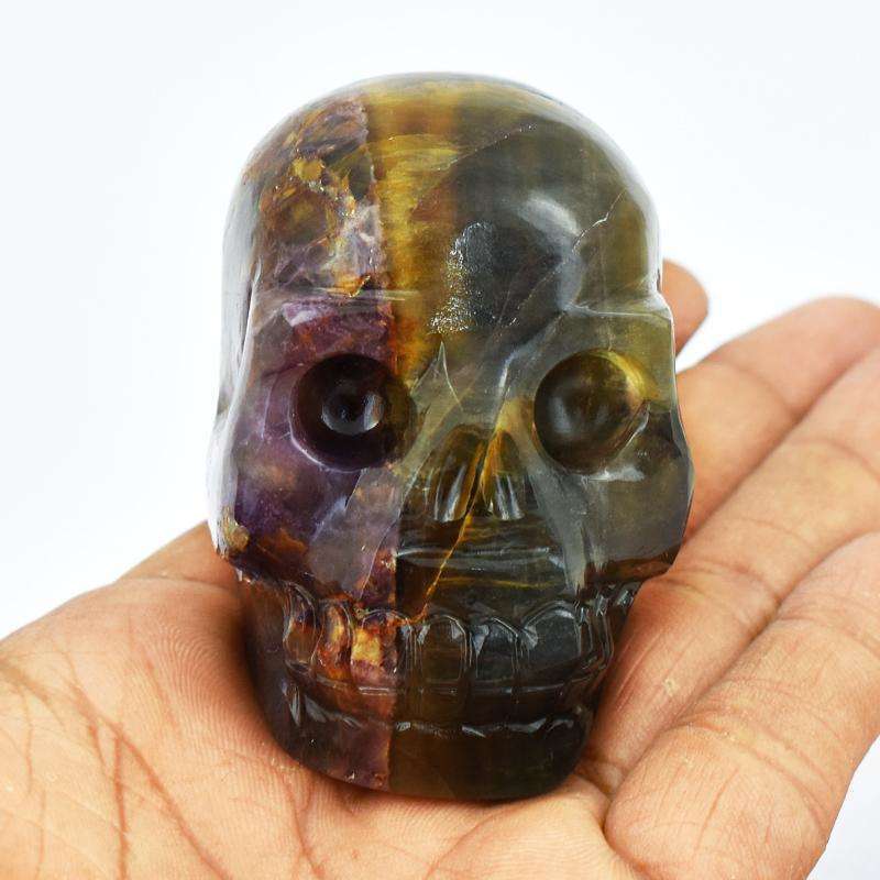 gemsmore:Multicolor Fluorite & Chevron Amethyst Carved Human Skull