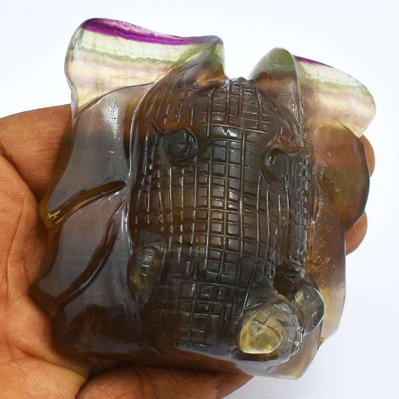 gemsmore:Multicolor Fluorite Hand Carved Elephant Head