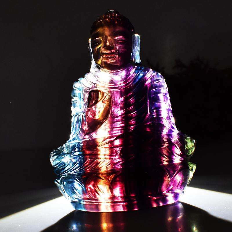 gemsmore:Multicolor Fluorite Hand Carved Lord Buddha Idol