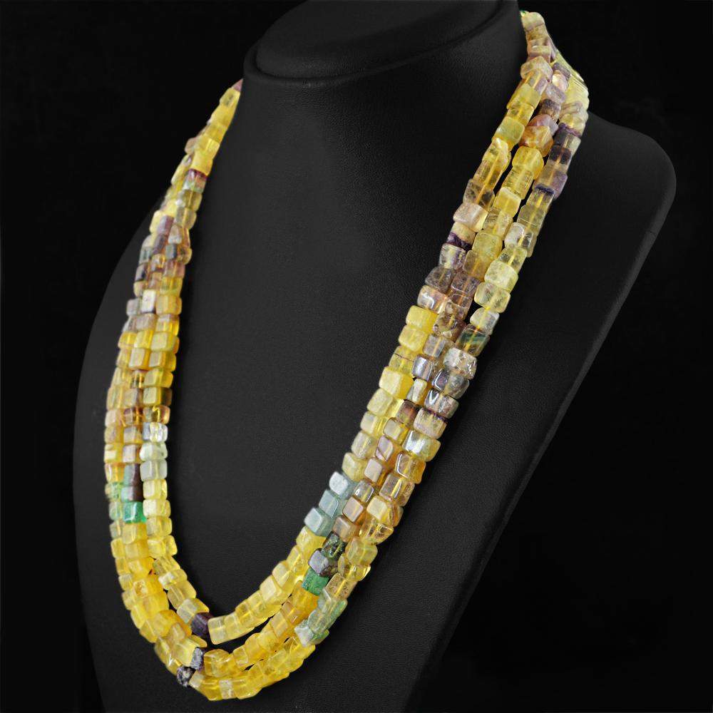 gemsmore:Multicolor Fluorite Necklace Natural 3 Line Untreated Beads