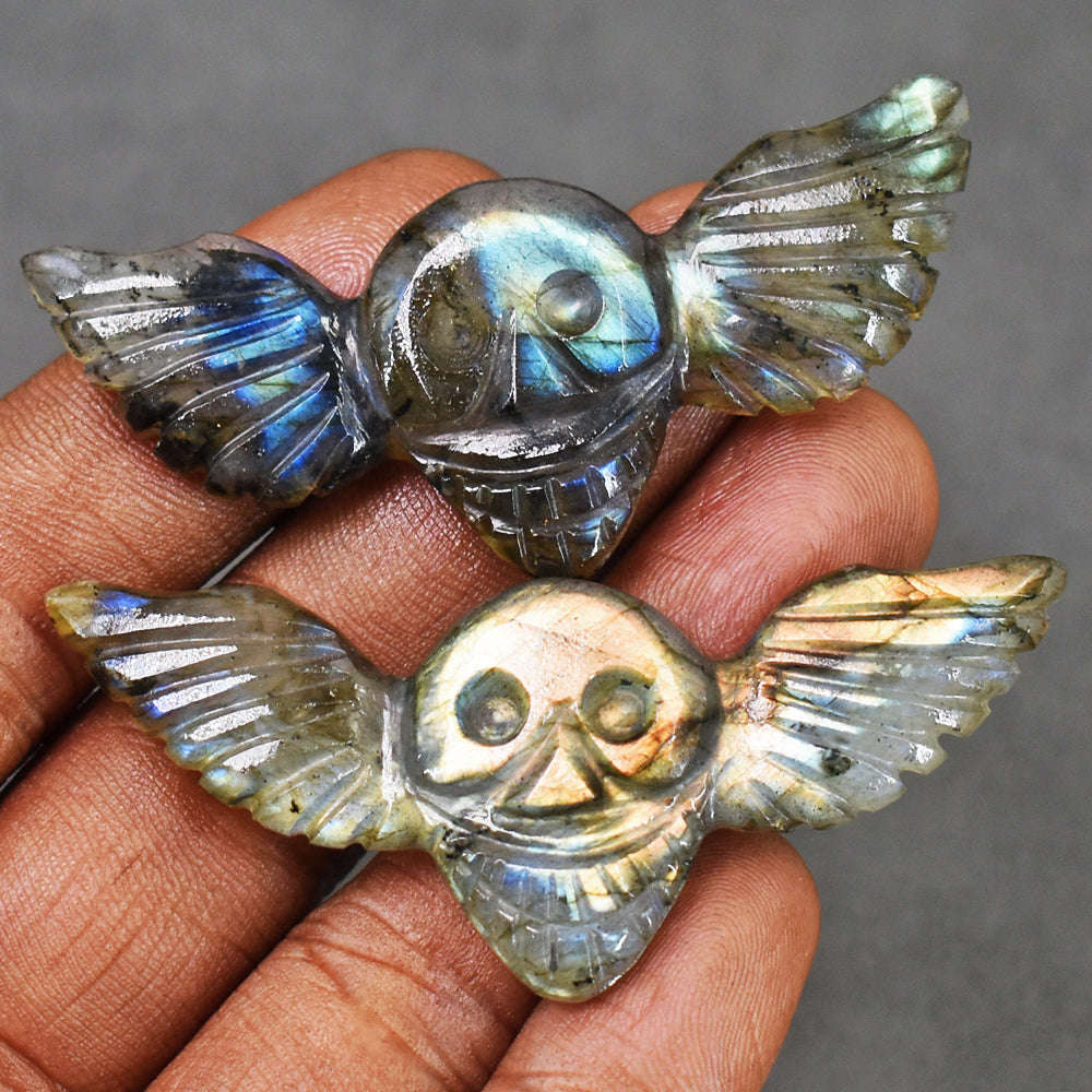 gemsmore:Natural 91 Carats  Genuine Golden & Blue Flash Labradorite Carved Skull Wing Set Gemstone