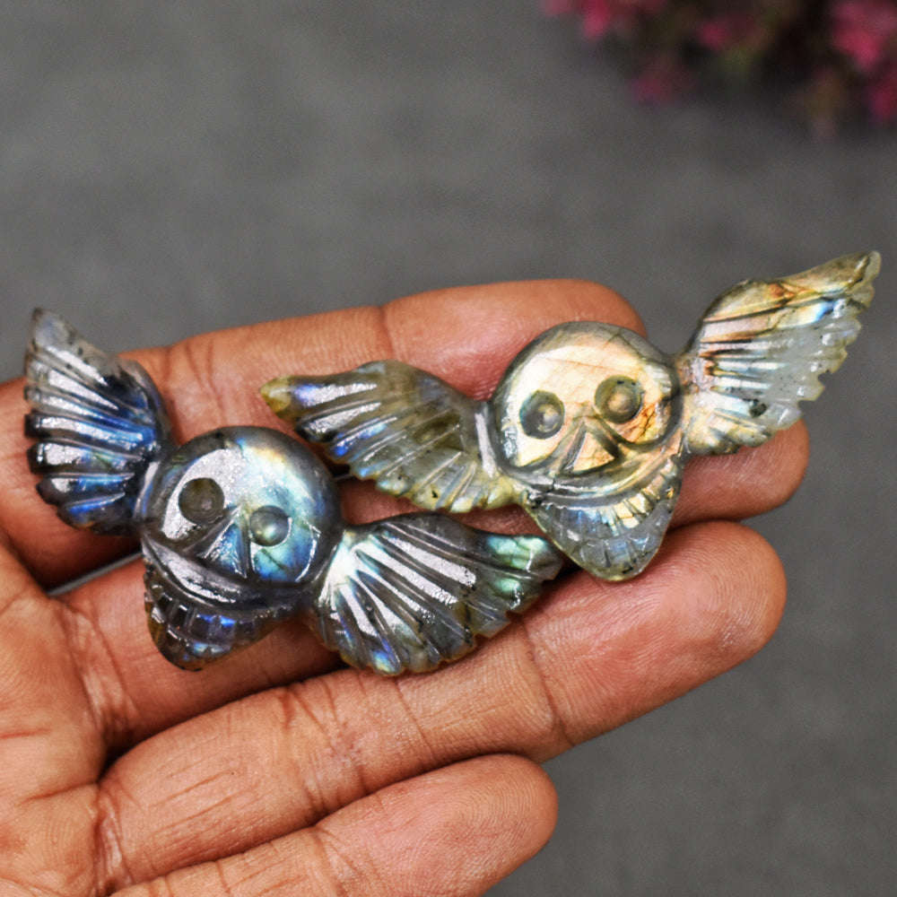 gemsmore:Natural 91 Carats  Genuine Golden & Blue Flash Labradorite Carved Skull Wing Set Gemstone