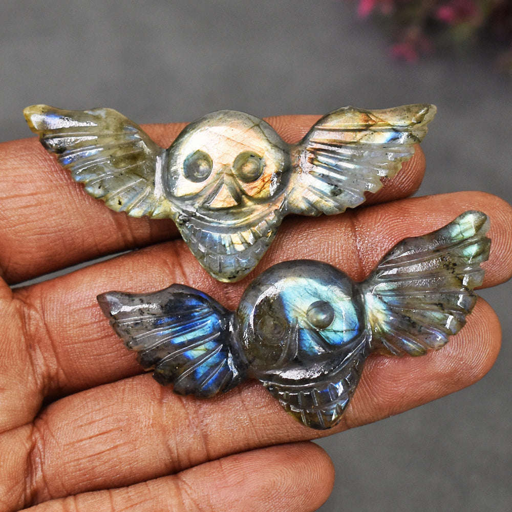 gemsmore:Natural 91 Carats  Genuine Golden & Blue Flash Labradorite Carved Skull Wing Set Gemstone