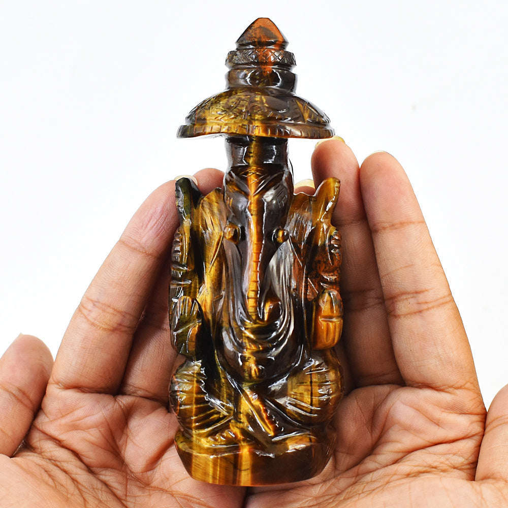 gemsmore:Natural Amazing Artisian Hand Carved Golden Tiger Eye Ganesha With Throne