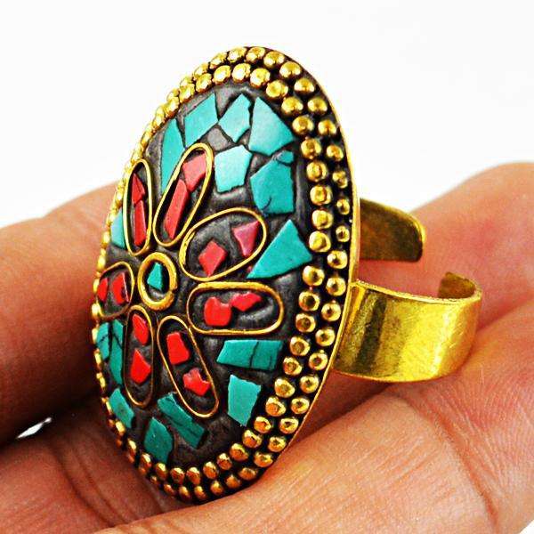 gemsmore:Natural Amazing Coral & Turquoise Tibet Silver Ring