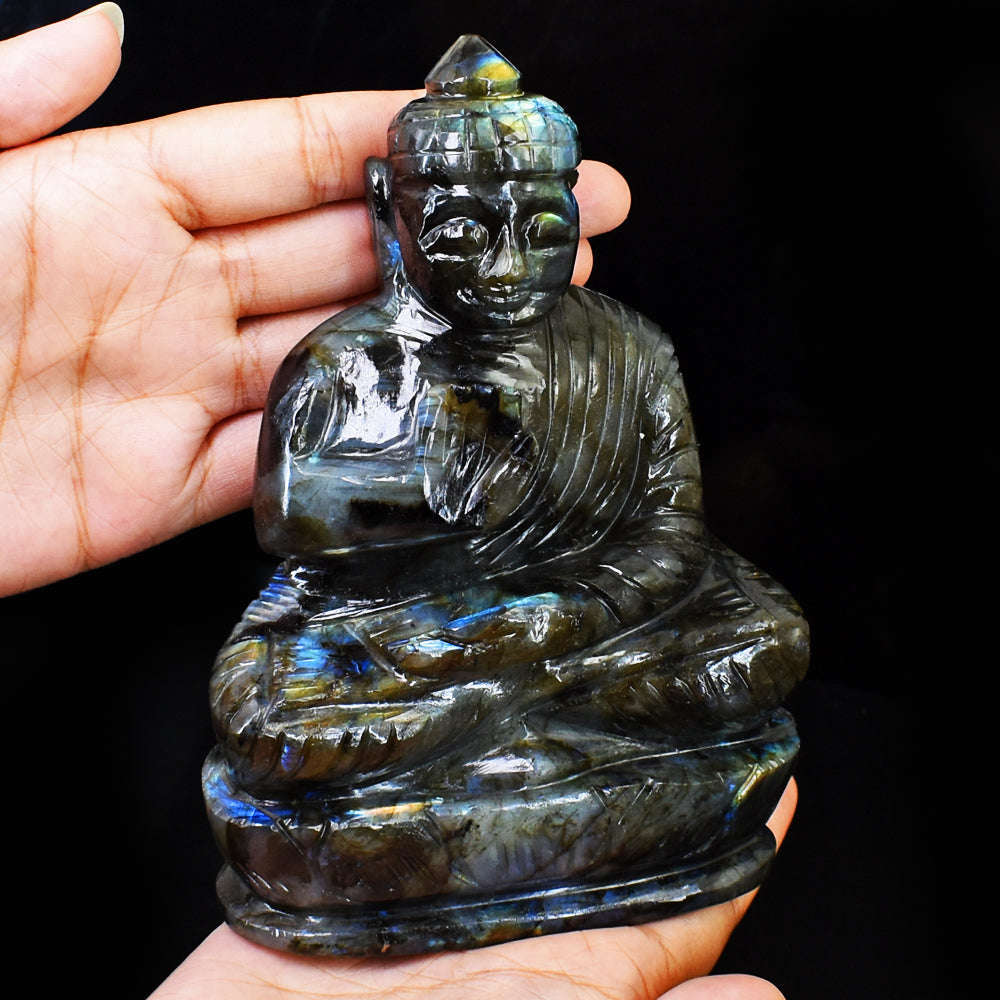 gemsmore:Natural Amazing Flash Labradorite Hand Carved Lord Buddha