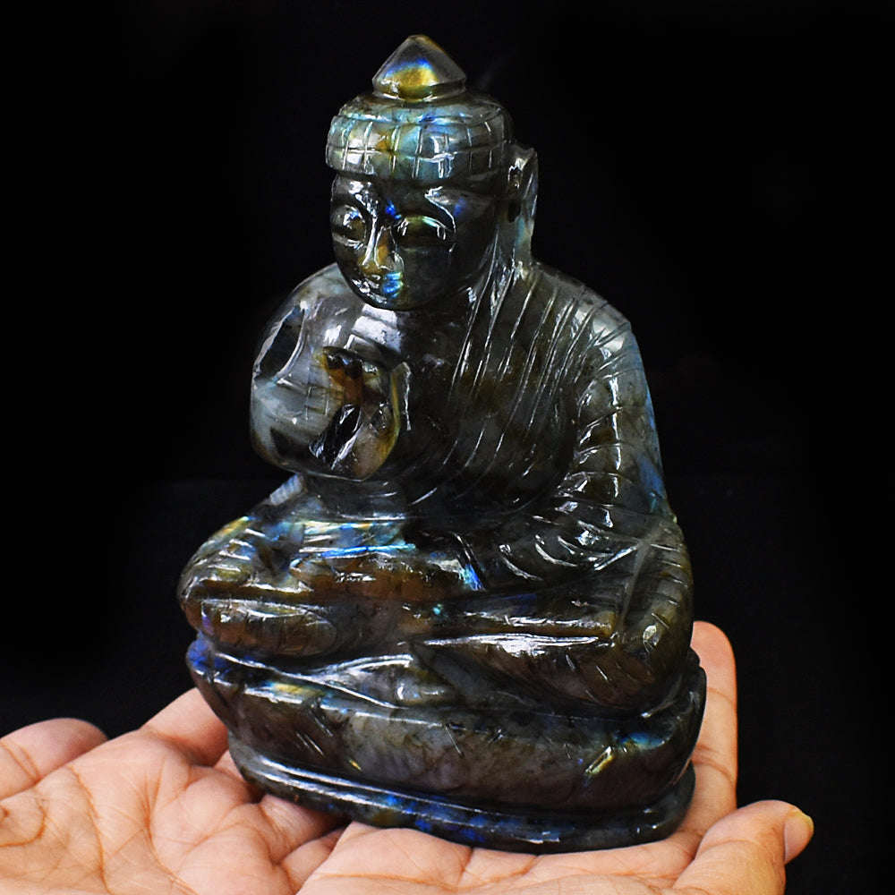 gemsmore:Natural Amazing Flash Labradorite Hand Carved Lord Buddha