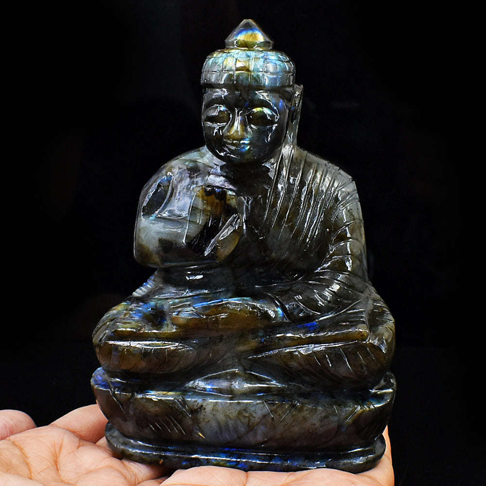gemsmore:Natural Amazing Flash Labradorite Hand Carved Lord Buddha
