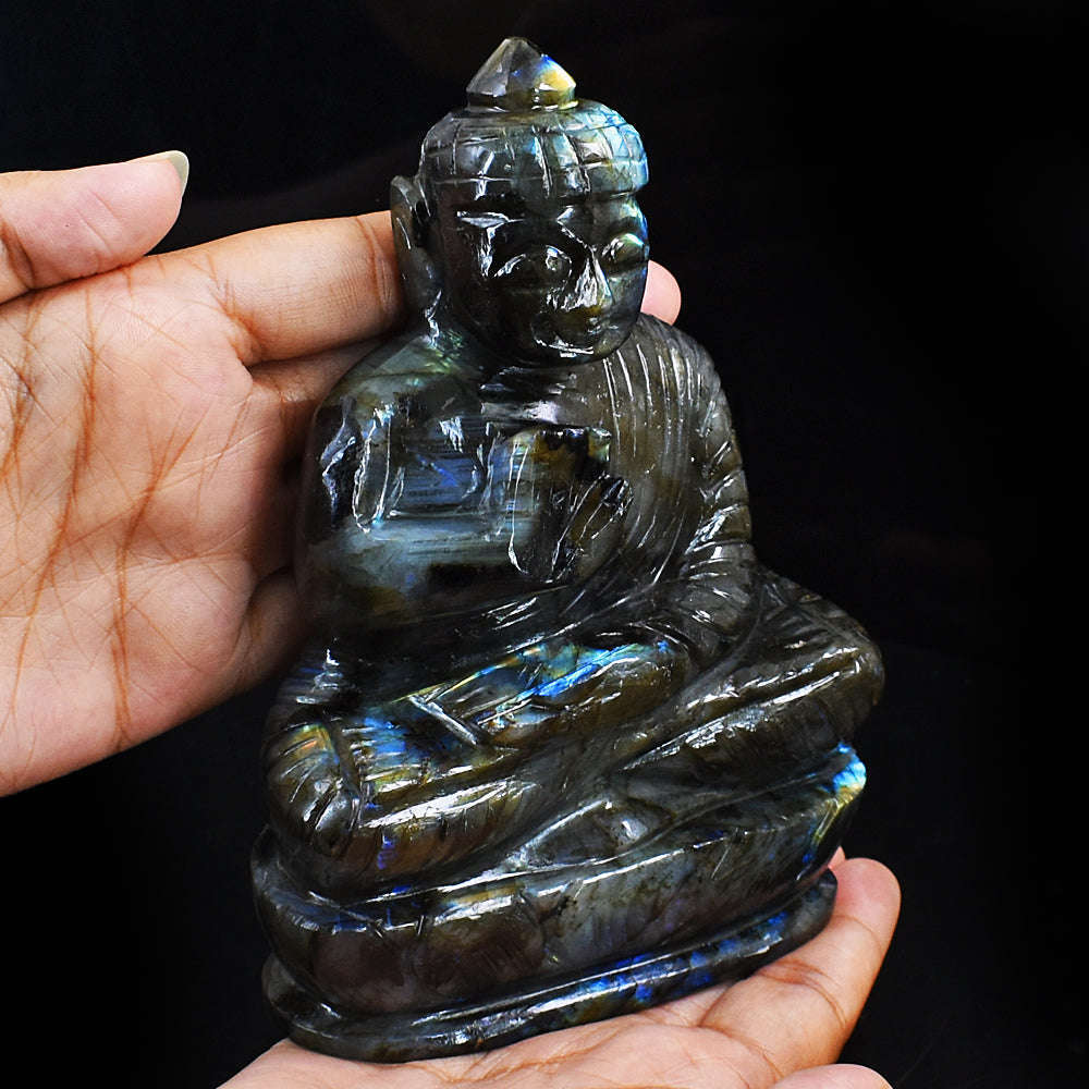 gemsmore:Natural Amazing Flash Labradorite Hand Carved Lord Buddha