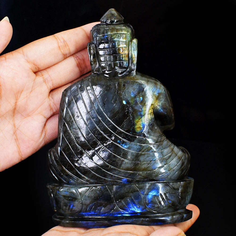 gemsmore:Natural Amazing Flash Labradorite Hand Carved Lord Buddha
