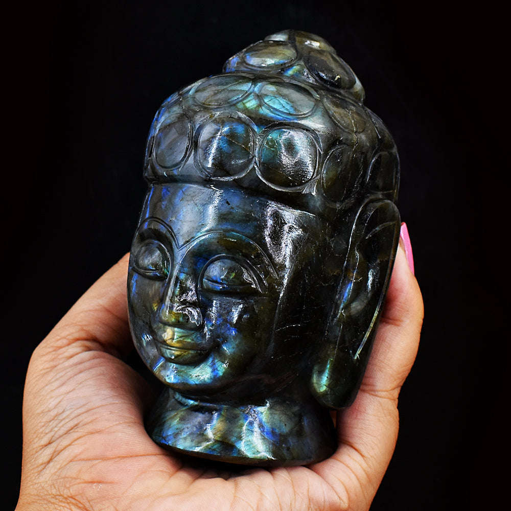 gemsmore:Natural Amazing Flash Labradorite Hand Carved  Lord Buddha Head Idol