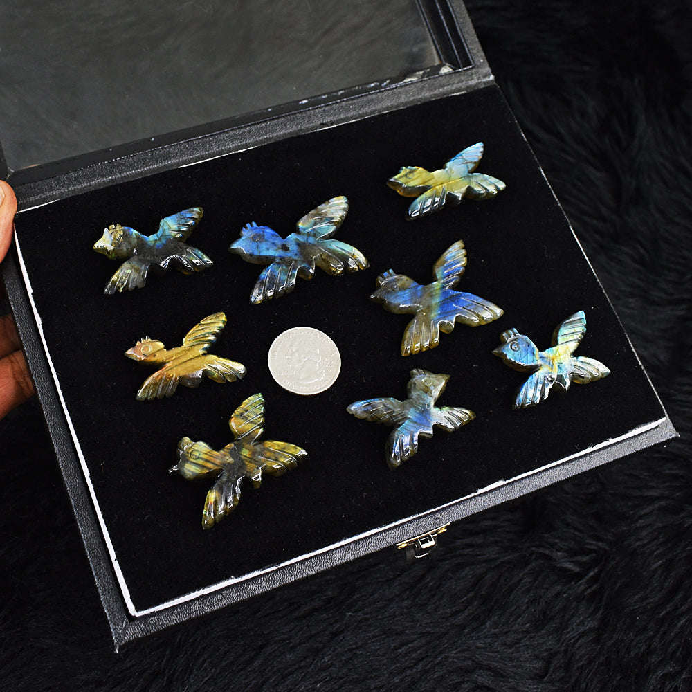 gemsmore:Natural Amazing Flash Labradorite Untreated Carved Bird Gemstone Cabochon Lot
