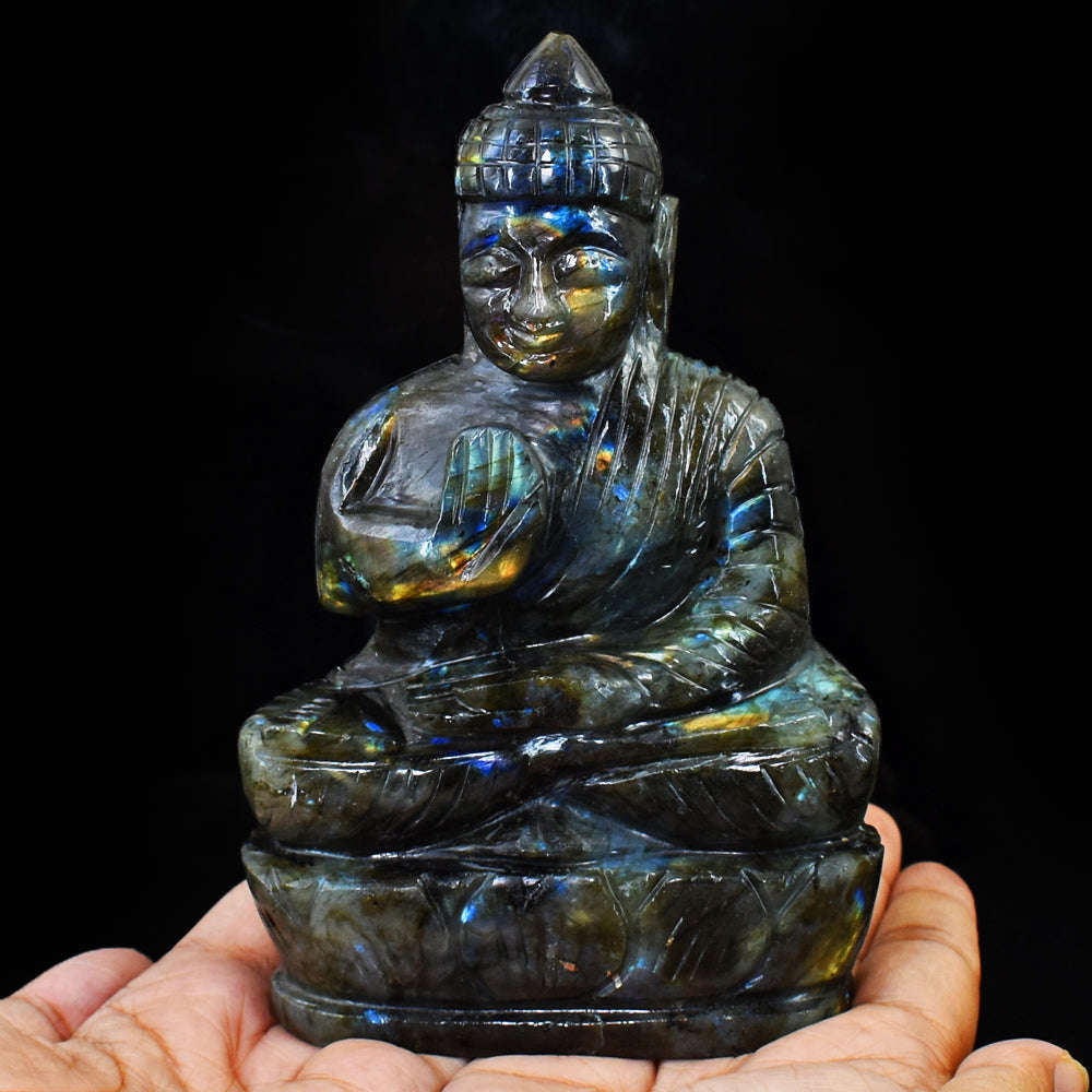 gemsmore:Natural Amazing & Pink  Flash Labradorite Hand Carved Lord Buddha
