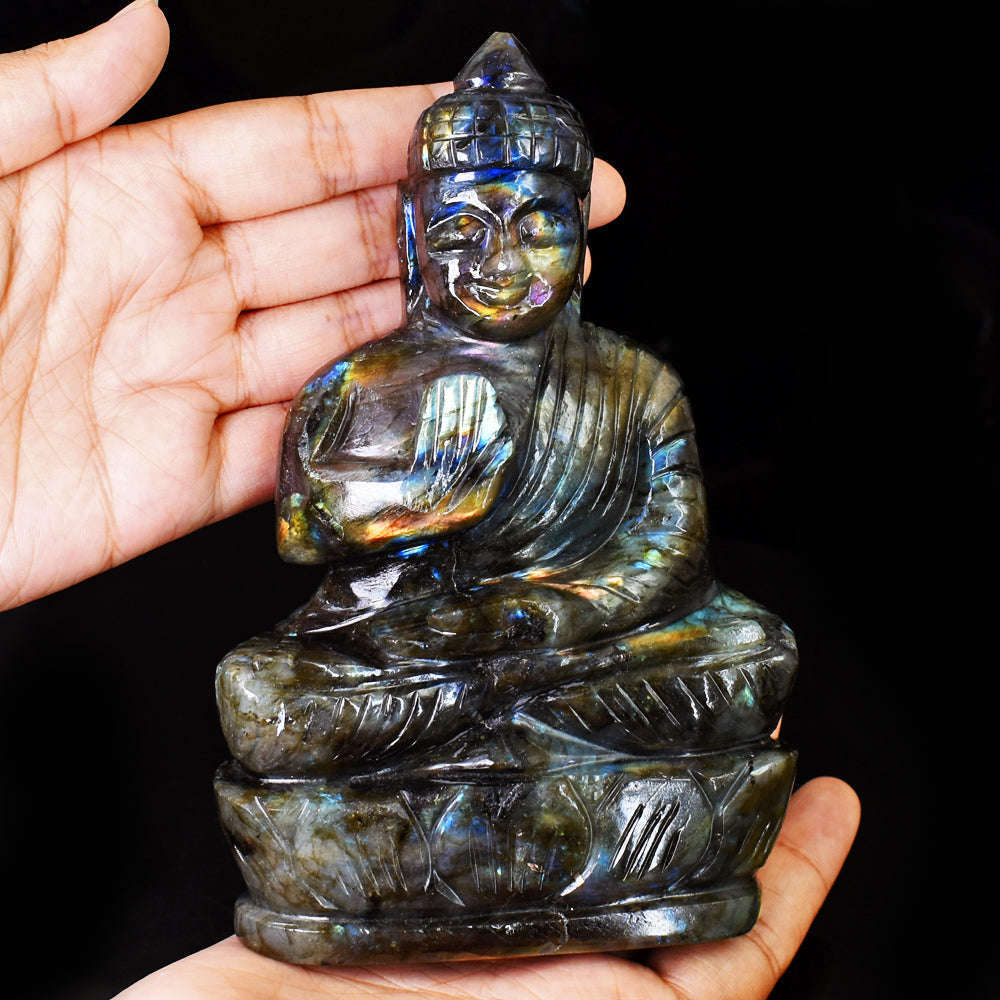 gemsmore:Natural Amazing & Pink  Flash Labradorite Hand Carved Lord Buddha