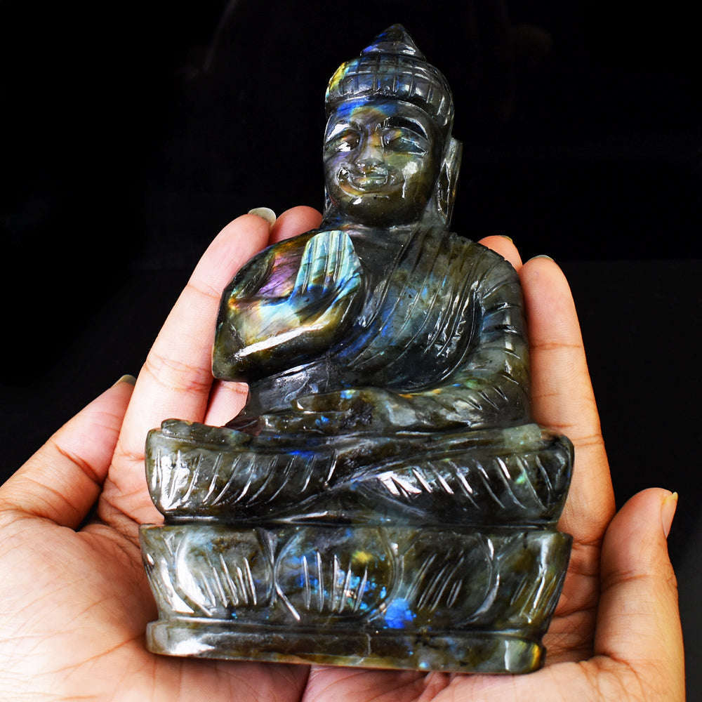 gemsmore:Natural Amazing & Pink  Flash Labradorite Hand Carved Lord Buddha