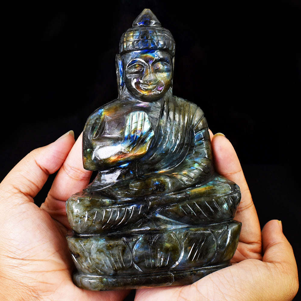 gemsmore:Natural Amazing & Pink  Flash Labradorite Hand Carved Lord Buddha