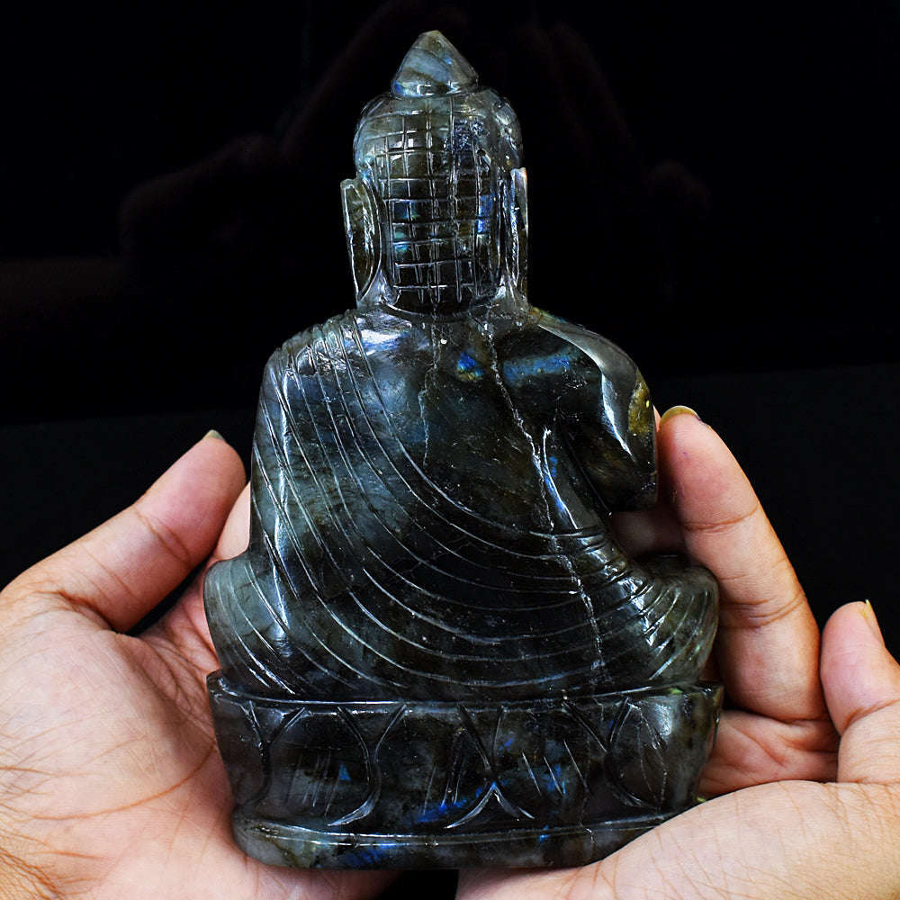 gemsmore:Natural Amazing & Pink  Flash Labradorite Hand Carved Lord Buddha