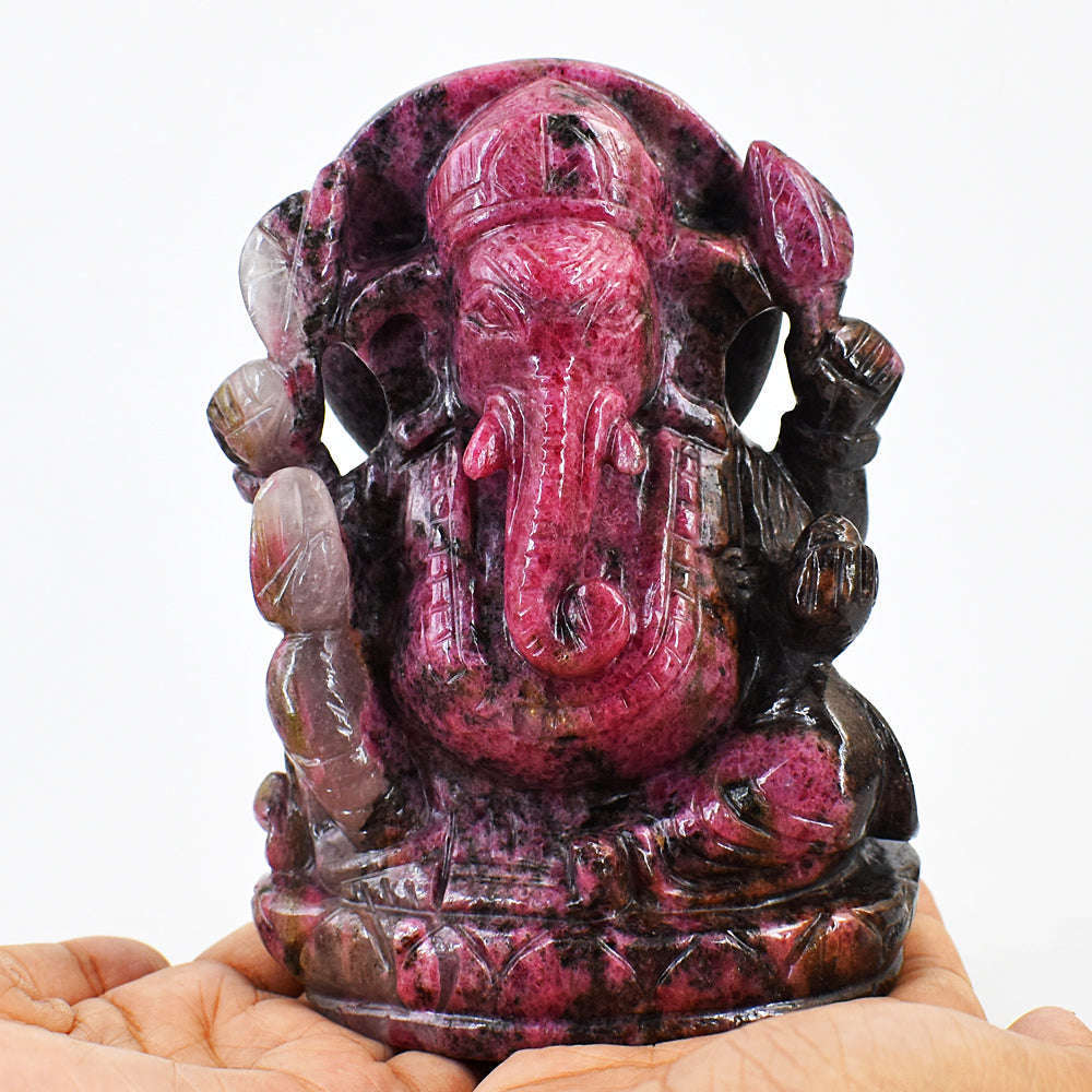 gemsmore:Natural Amazing Pink Rhodonite Hand Carved Lord Ganesha